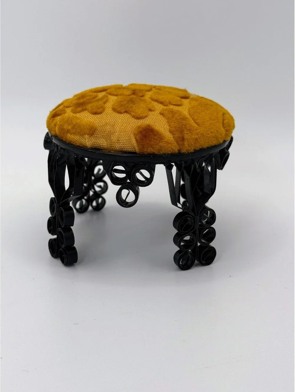 1:6 Scale Handmade Tramp Art Dollhouse Stool Gold Velvet Black Scroll Ottoman